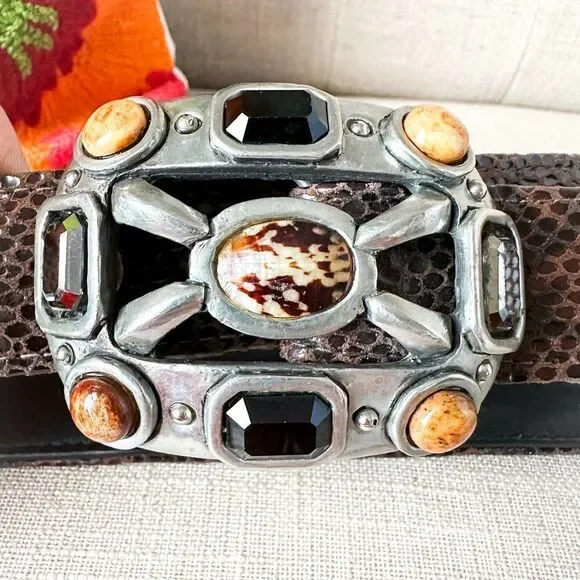 Vintage Fahrenheit Brown Black Leather Belt Large Jewel Buckle Rich Auntie M - Picture 5 of 11